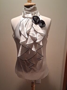 A. Byer White Halter Ruffle Camisole with Black Trim and Rosette Accents